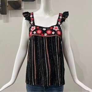 Savanna Jane Small Geometric Stripe Floral Embroidered Flutter Sleeve Top Blouse